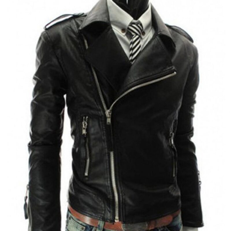 Men’s Biker Asymmetrical Slim Fit Black Leather Jacket