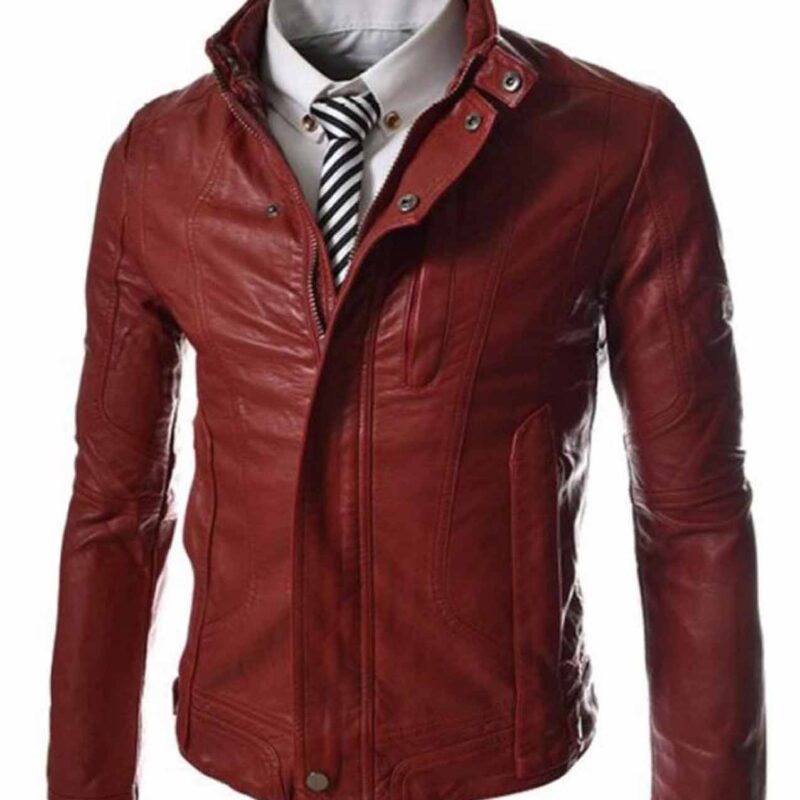 Men’s Slim Fit Snap Tab Collar Casual Red Faux Leather Jacket