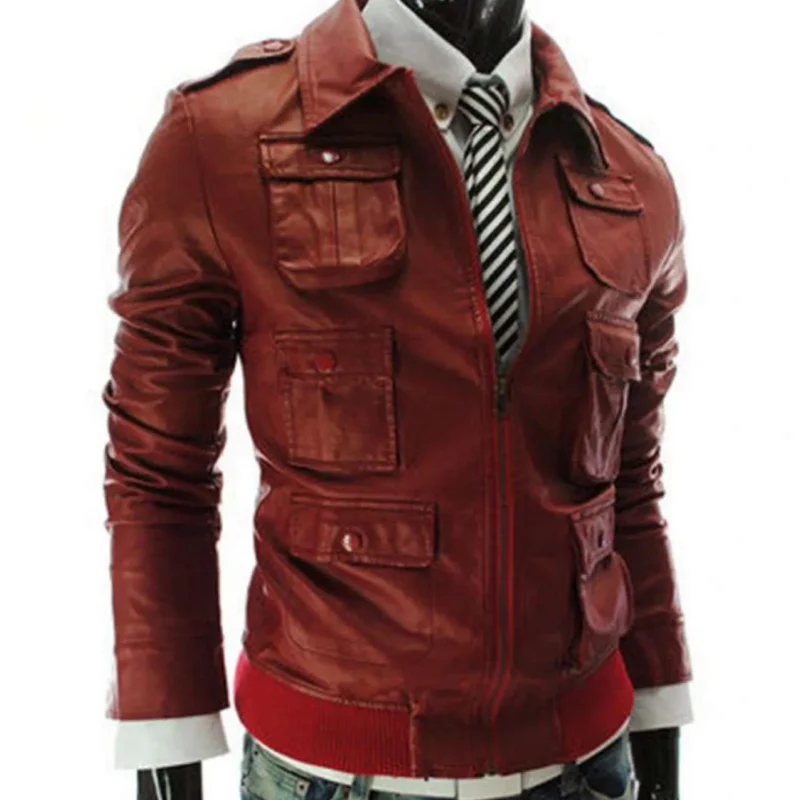 Men’s Slim Fit Bomber Style Red Faux Leather Jacket