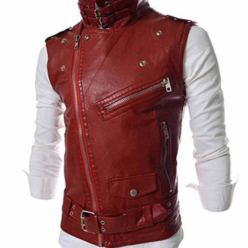 Men’s Biker Slim Fit Asymmetrical Red Leather Vest