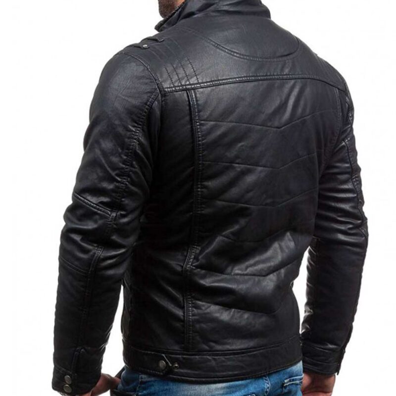 Men’s Belted Stand Collar Quilted Design Slim Fit Black Leather Jacket