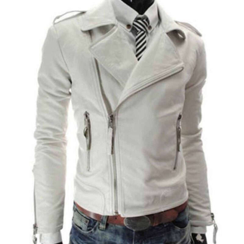 Men’s Biker Slim Fit White Leather Jacket