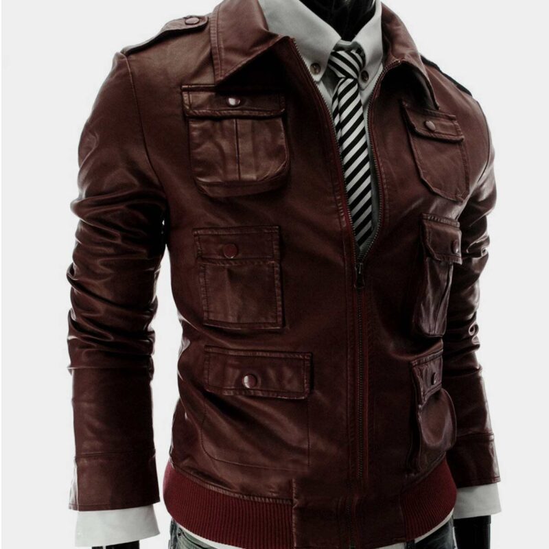 Men’s Slim Fit Bomber Style Red Faux Leather Jacket