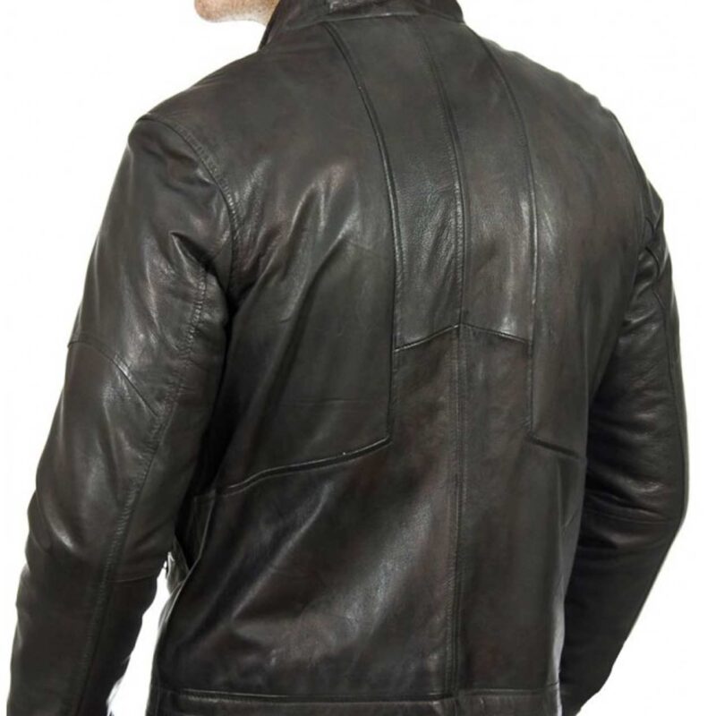 Men’s Biker Style Snap Button Slate Black Leather Jacket