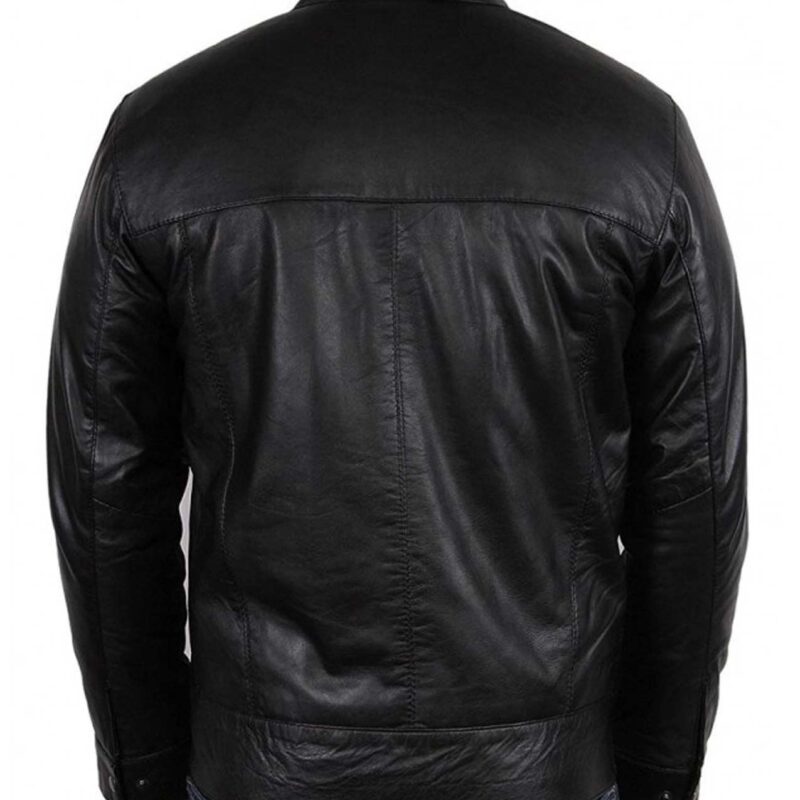 Men’s Simple Look Snap Button Collar Casual Black Leather Jacket