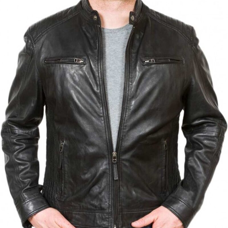 Men’s Quilted Shoulder Biker Snap Button Black Leather Jacket