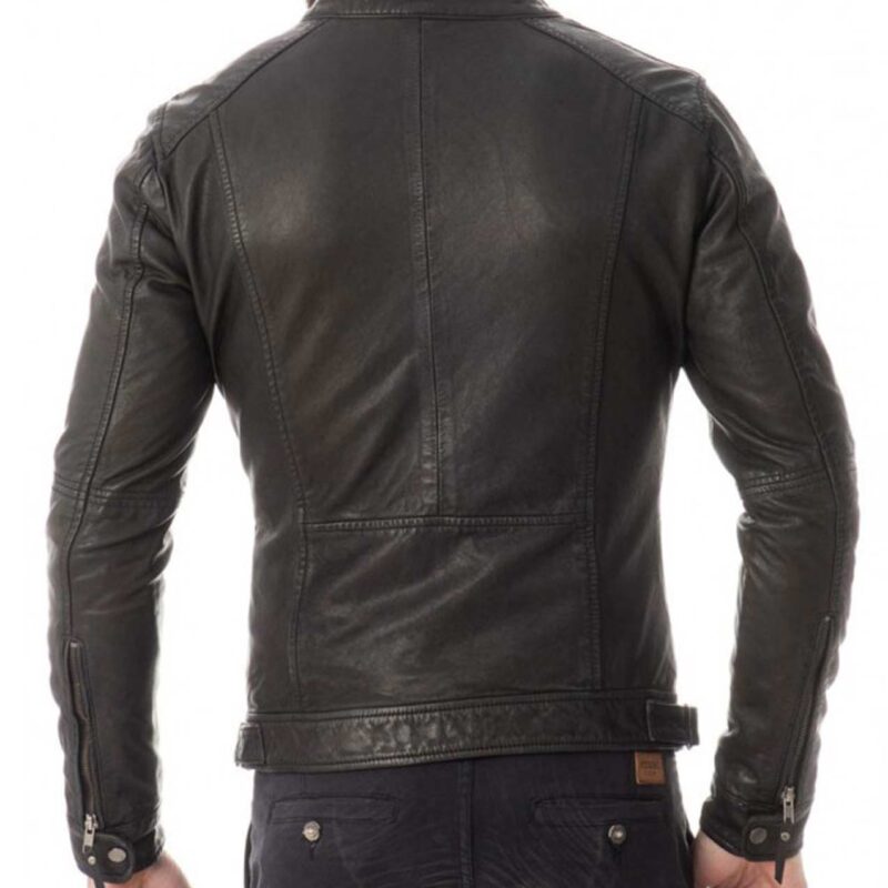 Men’s Snap Tab Collar Casual Zipper Pockets Black Leather Jacket