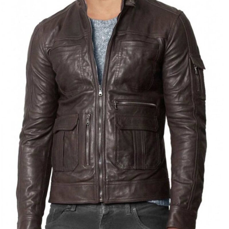 Men’s Pockets Design Stand Collar Real Brown Leather Jacket