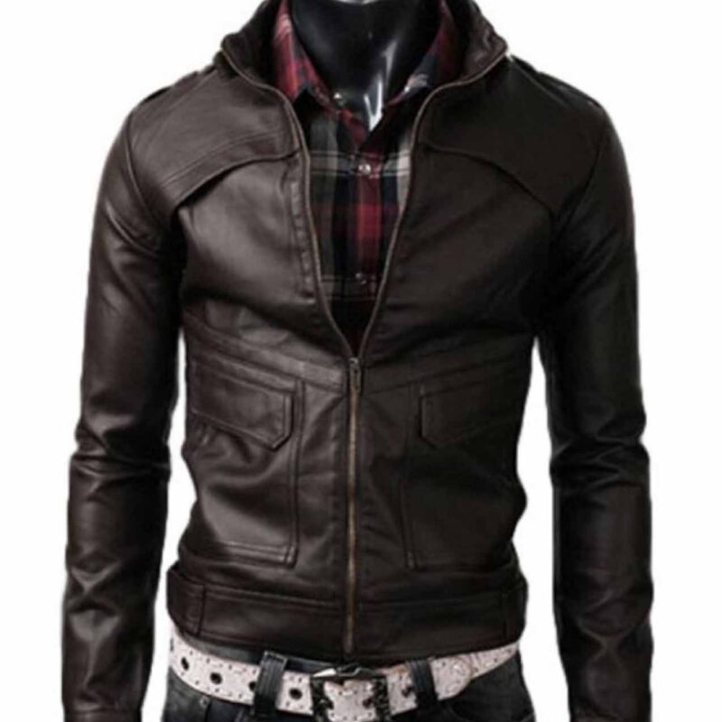 Men’s Stand Collar Slim Fit Dark Brown Leather Jacket