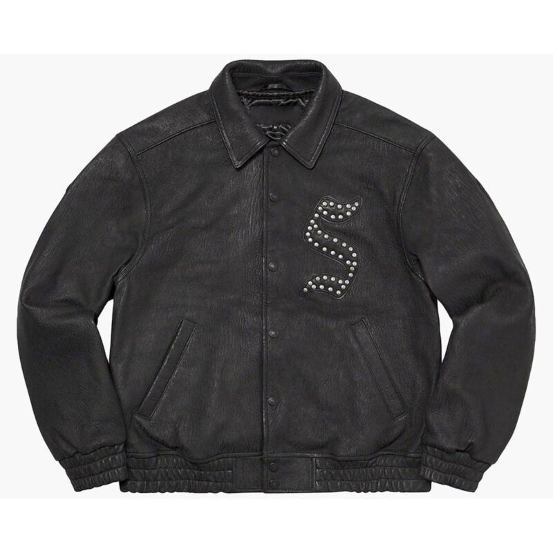 Supreme Pebbled Varsity Black Leather Jacket