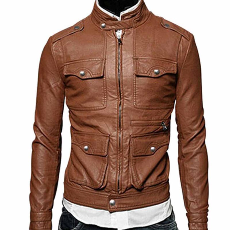 Men’s Multi Pockets Tan Brown Faux Leather Jacket