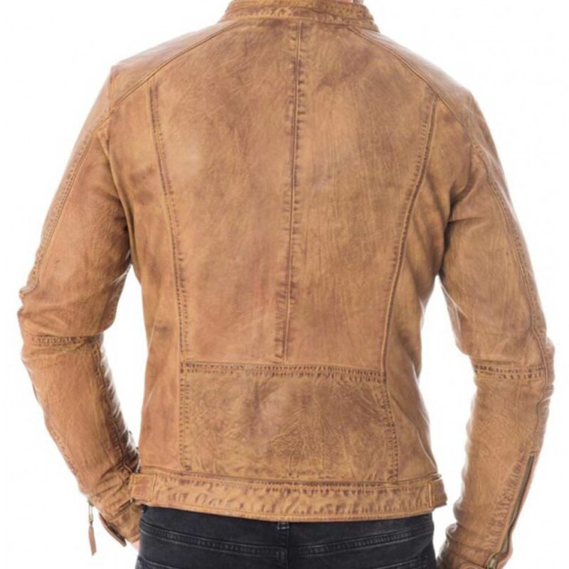 Men’s Biker Snap Tab Collar Tan Brown Waxed Leather Jacket