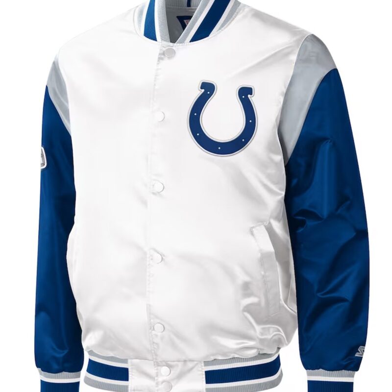 Indianapolis Colts Throwback Warm Up Pitch White Varsity Satin Jacket
