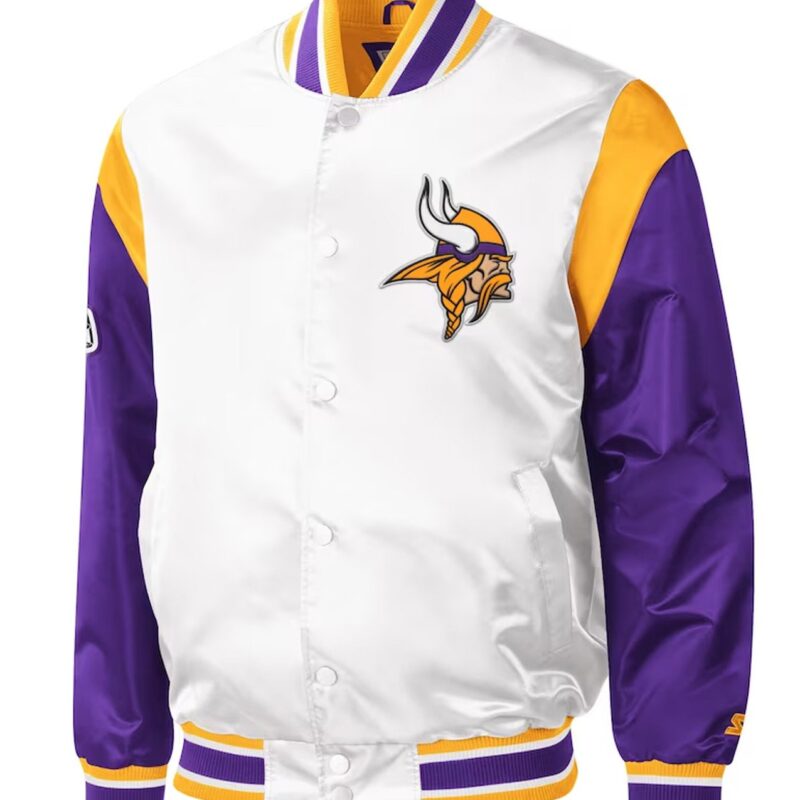 Minnesota Vikings Throwback Warm Up Pitch White/Purple Varsity Satin Jacket