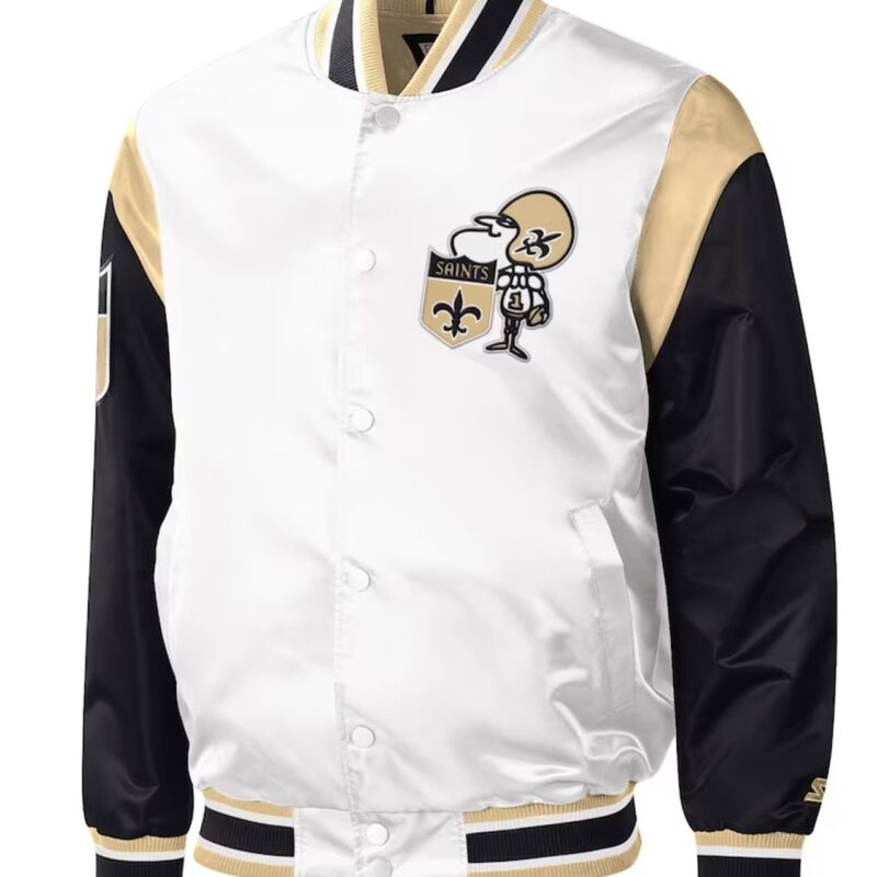 New Orleans Saints Throwback Warm Up Pitch White Varsity Satin Jacket