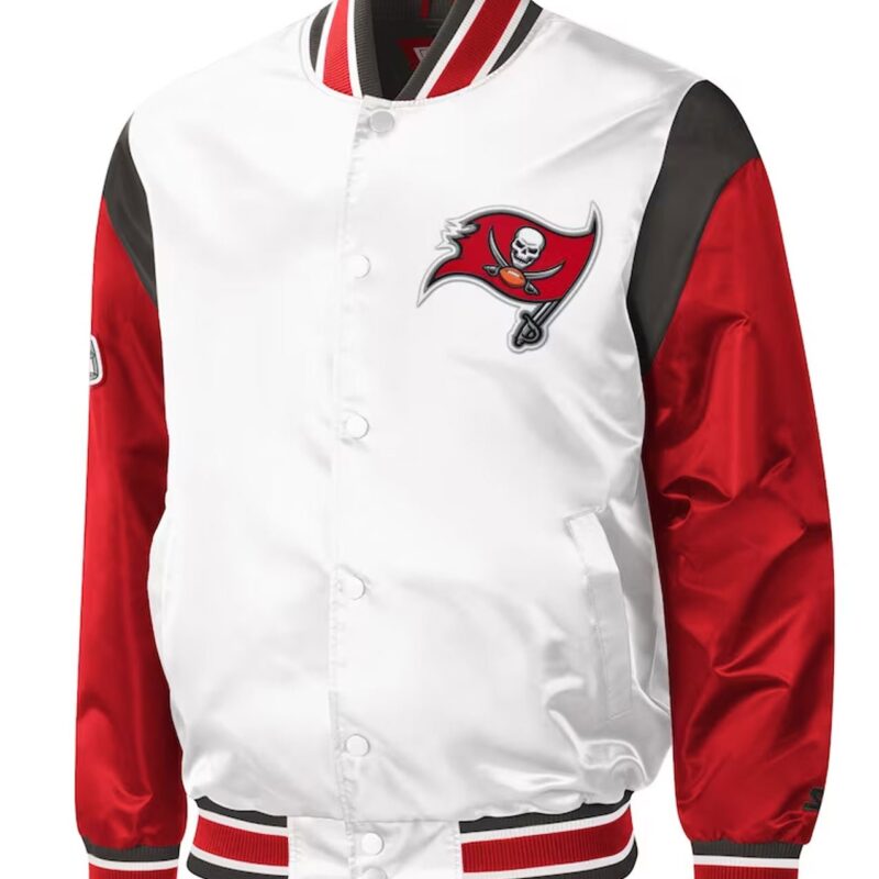 Tampa Bay Buccaneers Throwback Warm Up Pitch White Varsity Satin Jacket