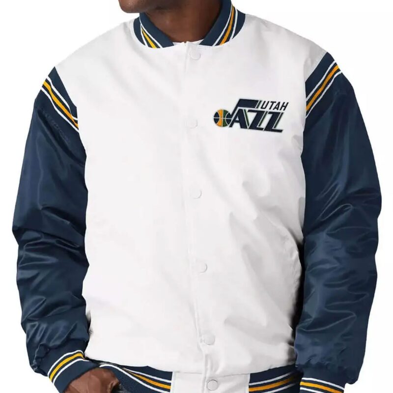 White/Navy Utah Jazz Renegade Varsity Satin Jacket