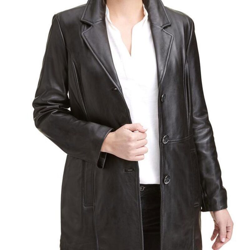 Women’s Car 3 Button Black Leather Coat