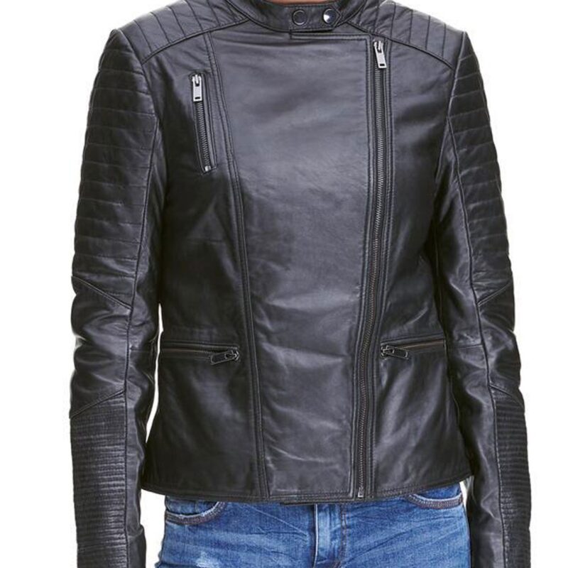 Womens Biker Quilted Design Asymmetrical Black Leather Jacket