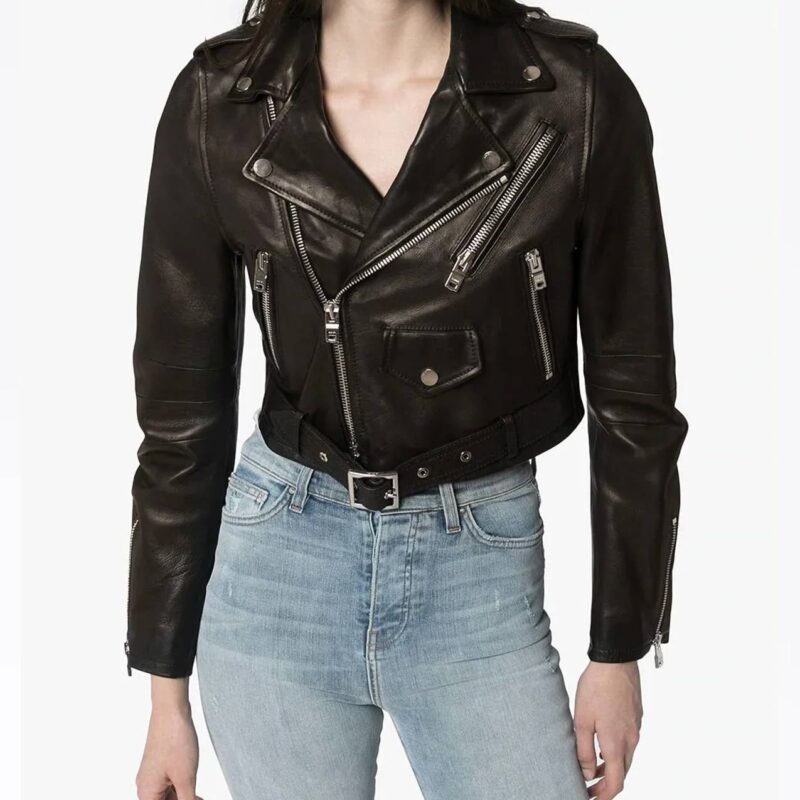 Women’s Black Lambskin Biker Cropped Leather Jacket