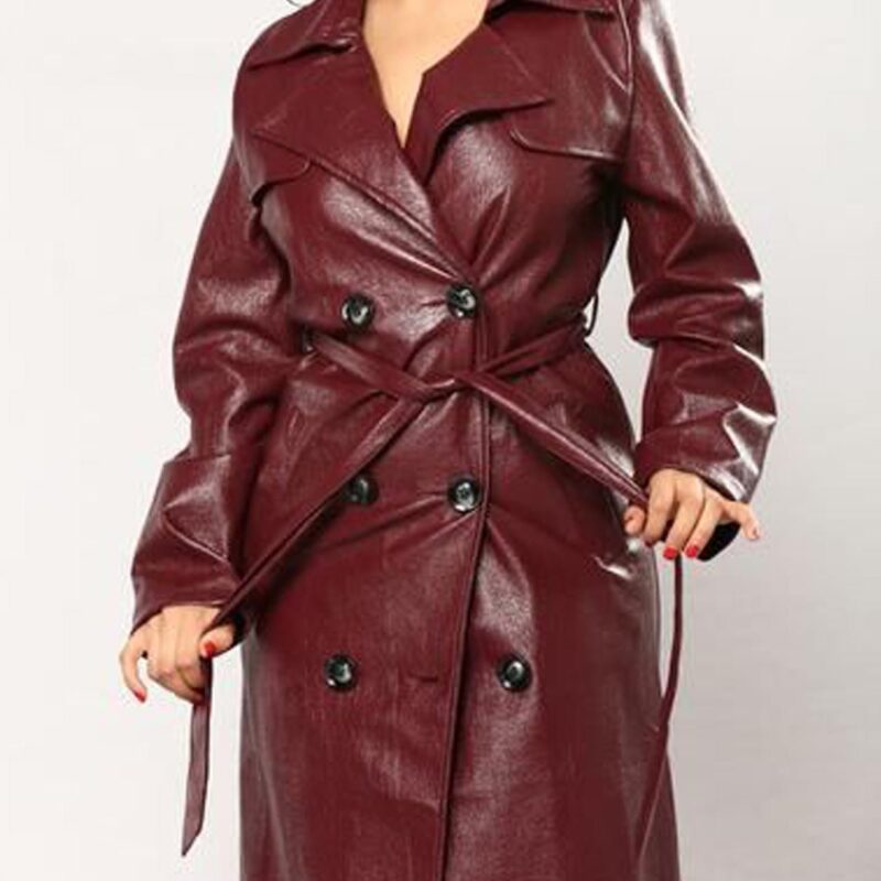 Women’s Double Breasted Burgundy Leather Coat