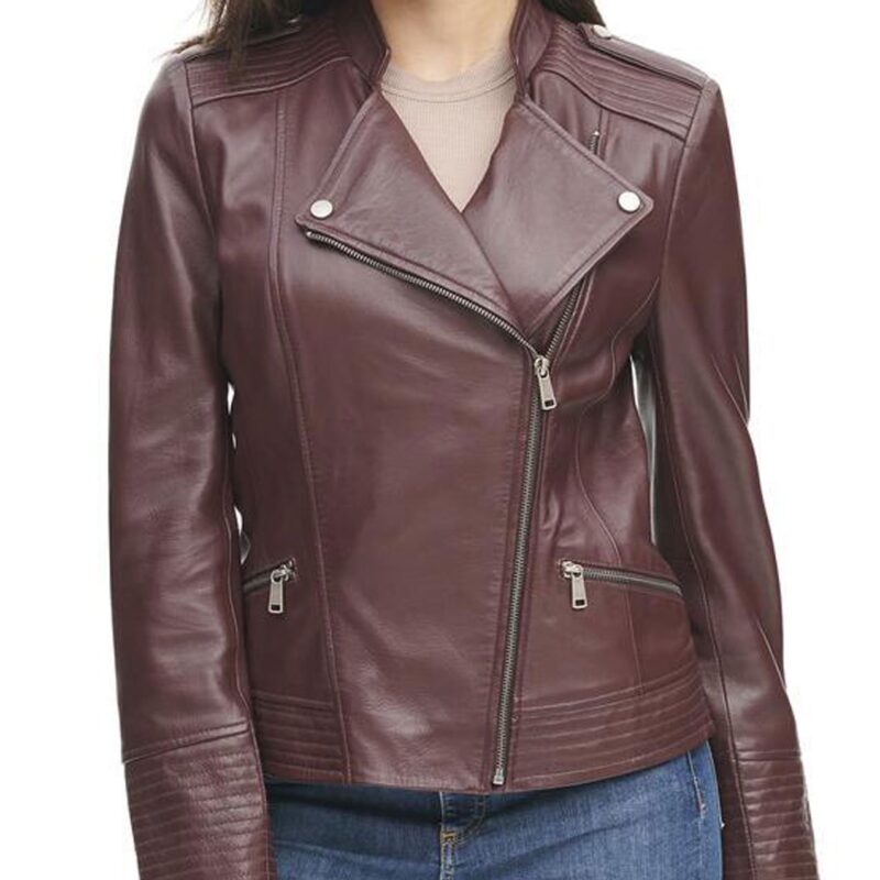 Women’s Asymmetrical Quilted Design Burgundy Leather Jacket