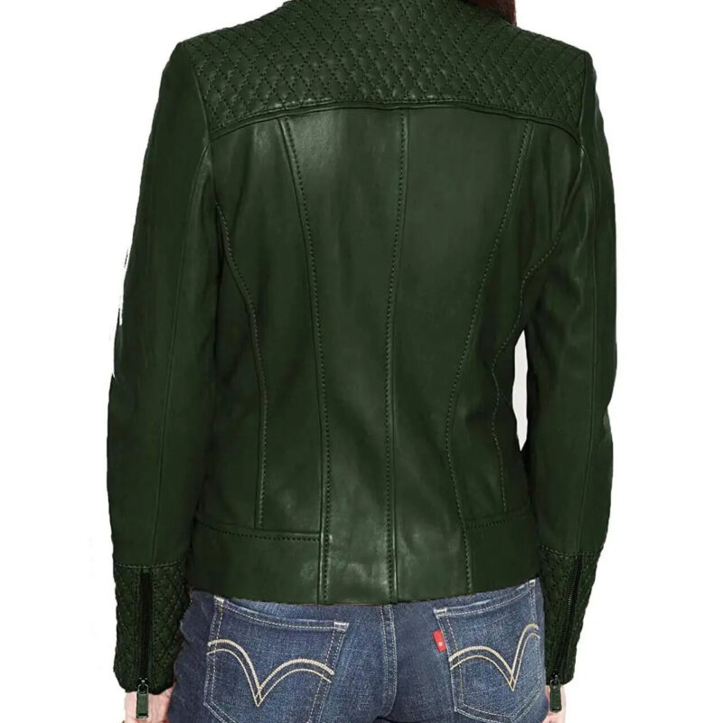 Women’s Dark Green Quilted Biker Leather Jacket