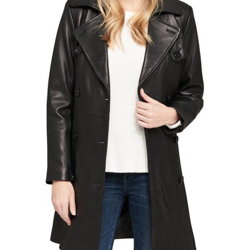 Women’s Belted Double Breasted Black Leather Trench Coat