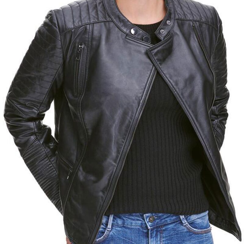 Womens Biker Quilted Design Asymmetrical Black Leather Jacket