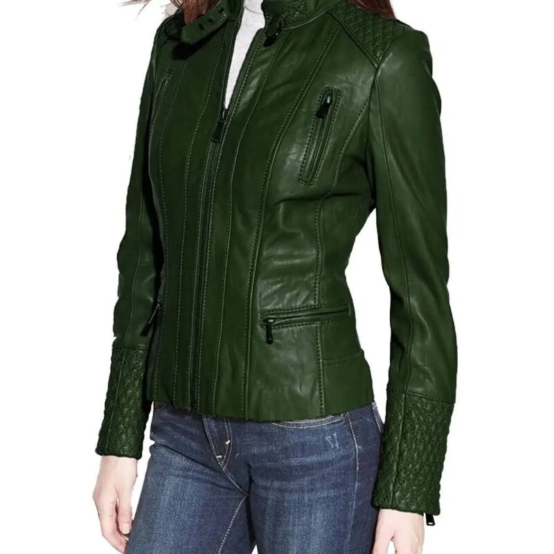 Women’s Dark Green Quilted Biker Leather Jacket