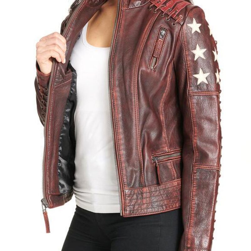 Women’s Biker Stars and Stripes Distressed Brown Leather Jacket