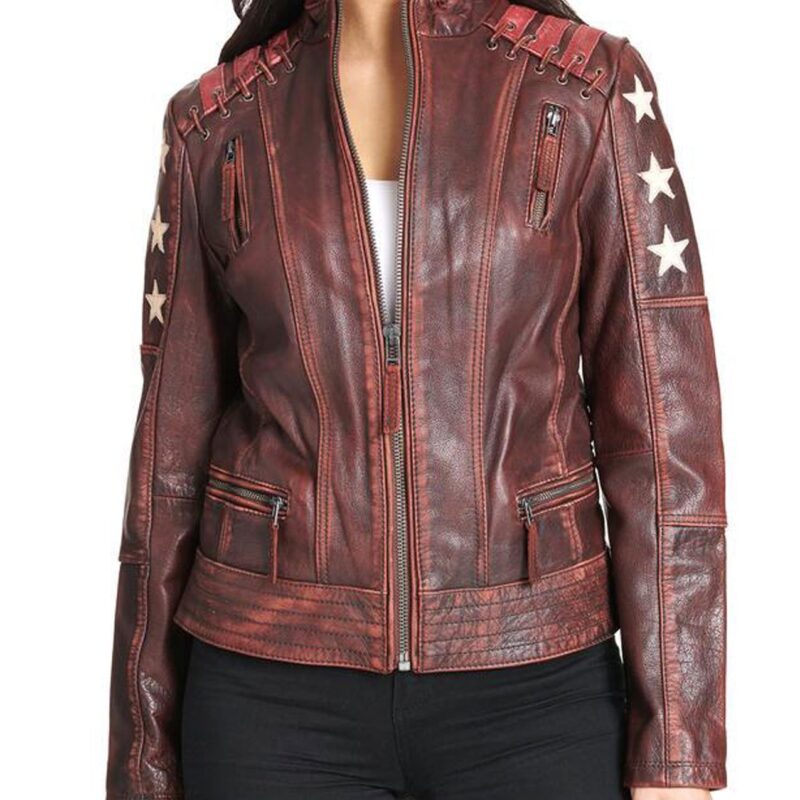 Women’s Biker Stars and Stripes Distressed Brown Leather Jacket