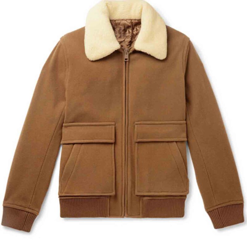Men’s Brown Wool Bomber Jacket with Fur Collar