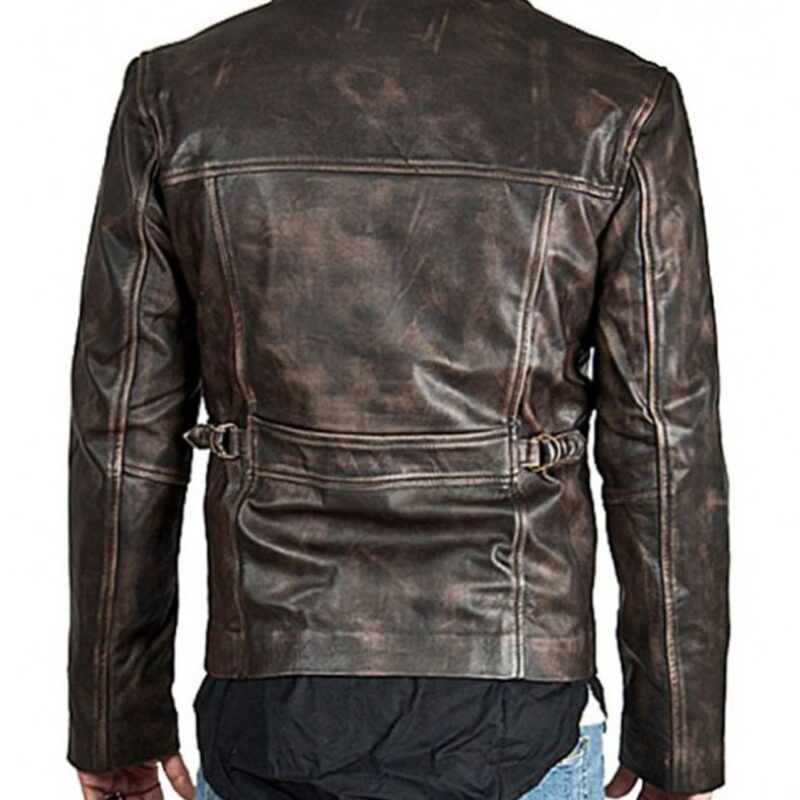Men’s Shirt Collar Zip Up Brown Distressed Leather Jacket