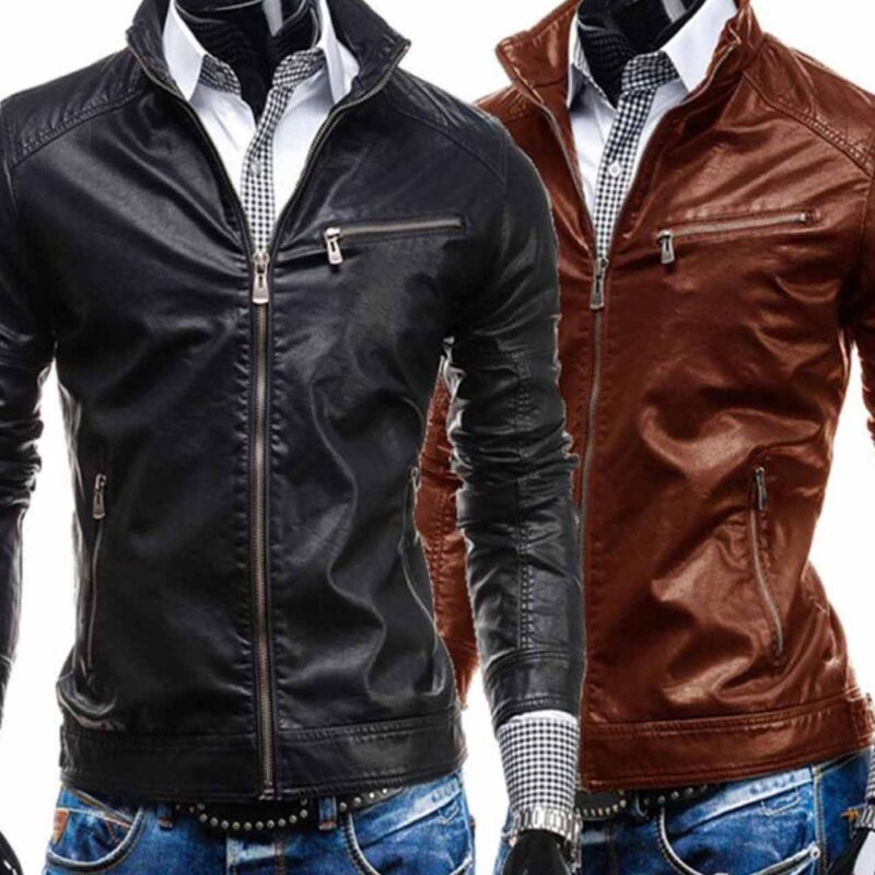 Men’s Casual Slim Fit Zipper Pocket Leather Jacket