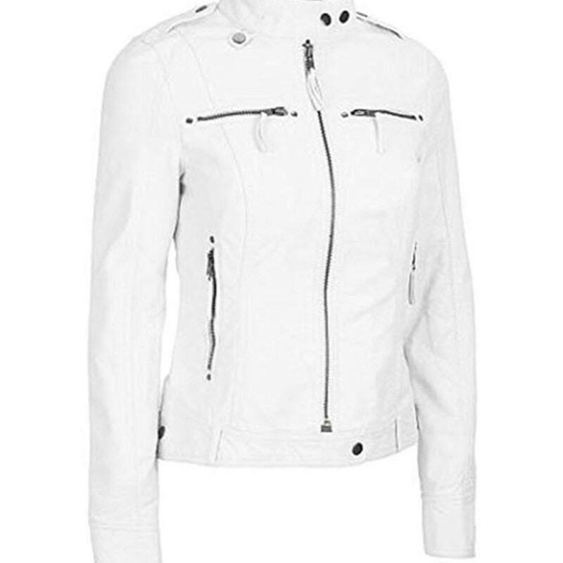 White Zipper Pockets Leather Jacket