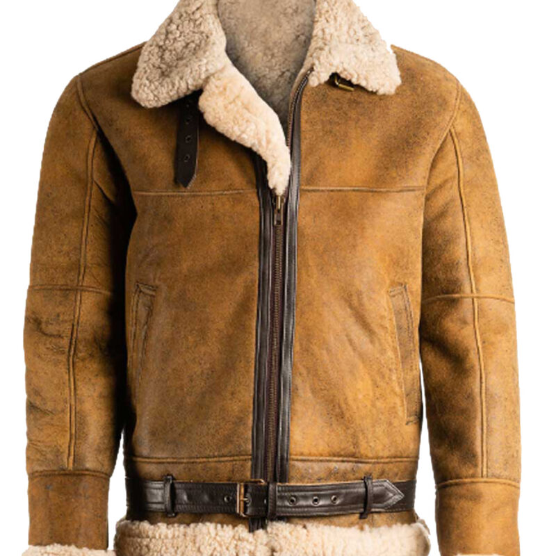 Men’s B3 Aviator Belted Brown Leather Shearling Jacket