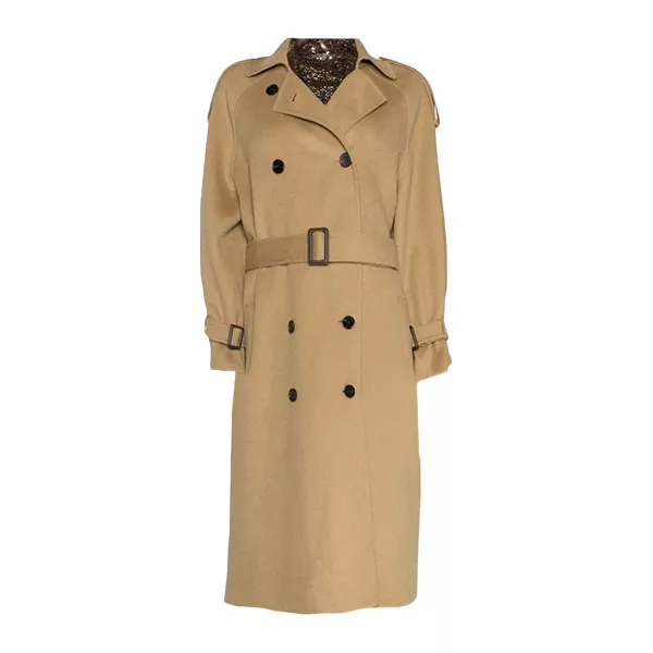 Womens Beige Double Breasted Wool Trench Coat