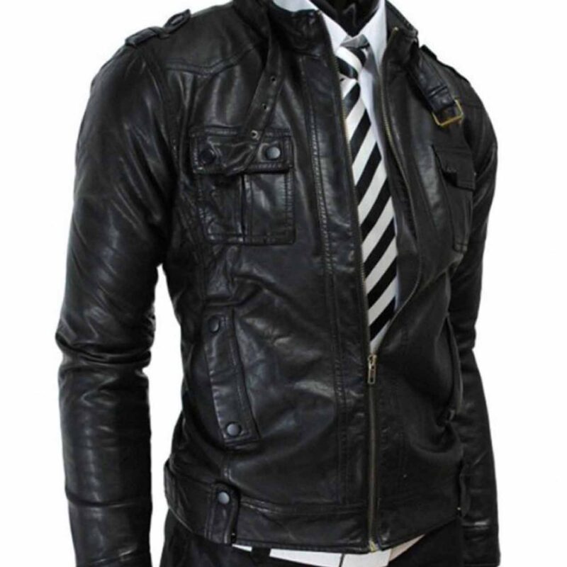 Men’s Biker Style Buckle Collar Slim Fit Black Leather Jacket