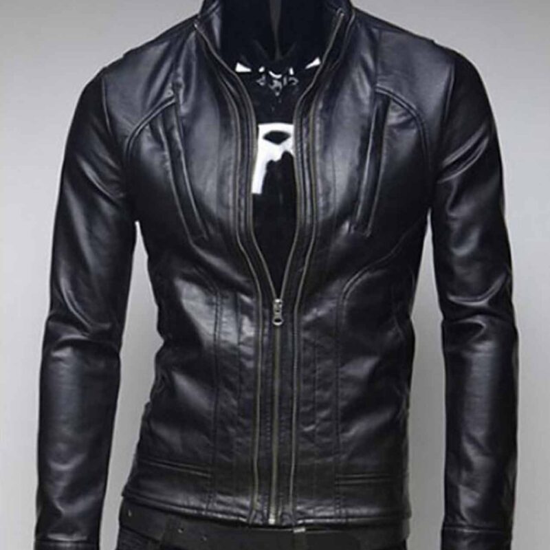 Men’s Stand Collar Designer Slim Fit Black Faux Leather Jacket
