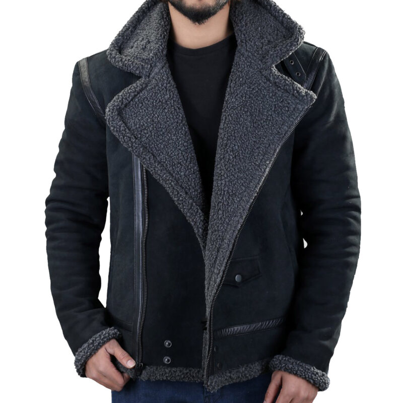 Men’s WJC013 Grey Shearling Black Leather Jacket
