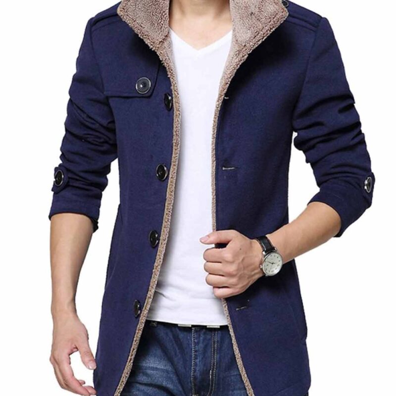 Men’s Single Breasted Blue Wool Shearling Jacket