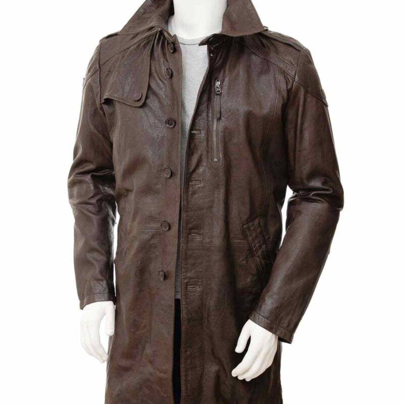 Men’s Single Breasted Waxed Brown Leather Coat