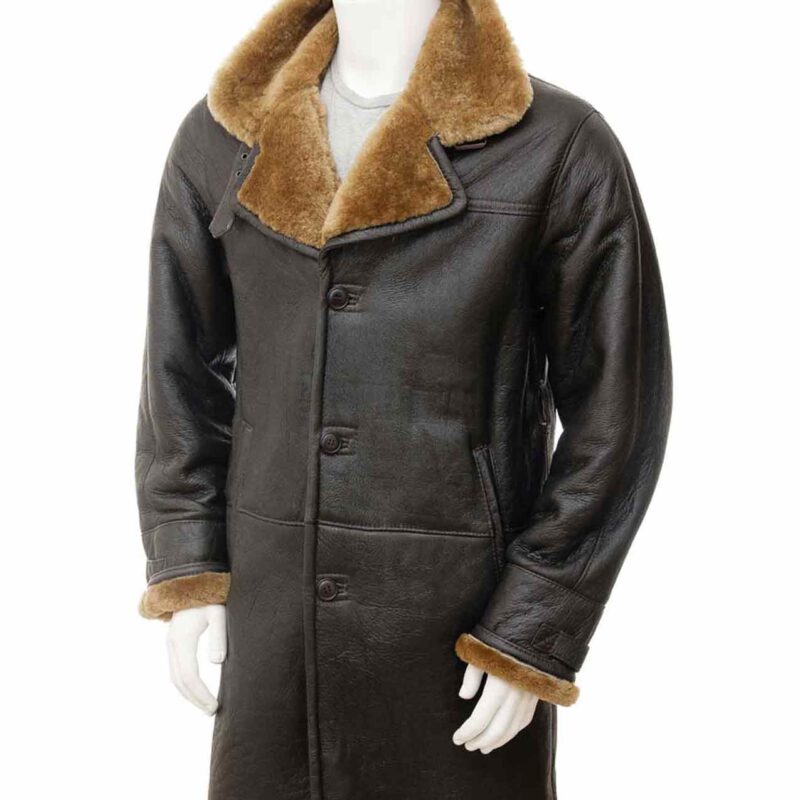 Men’s Single Breasted Brown Leather Shearling Coat