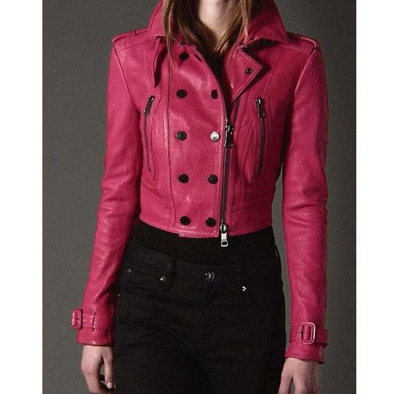Women’s Fuchsia Cropped Pink Leather Biker Jacket