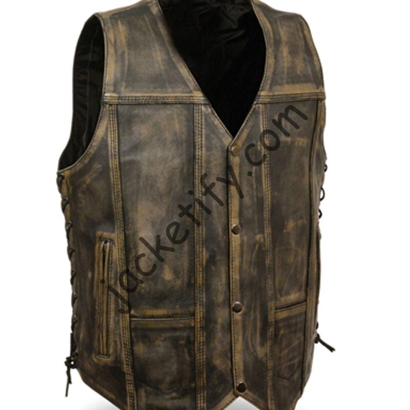Men’s Side Lace Distressed Brown Leather Motorcycle Vest