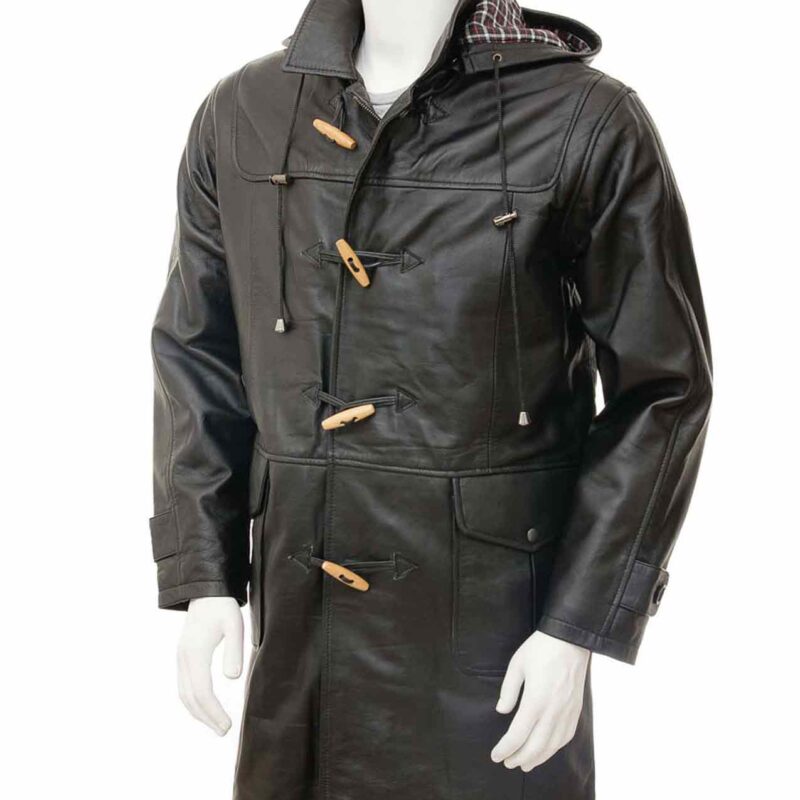 Men’s Duffle Black Leather Coat with Hoodie