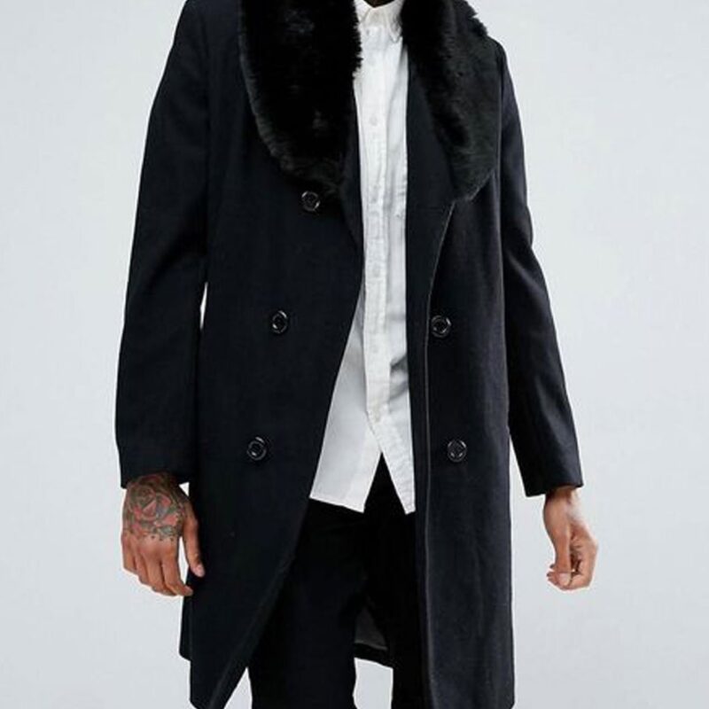 Men’s Double Breasted Wool Overcoat with Faux Fur Trim