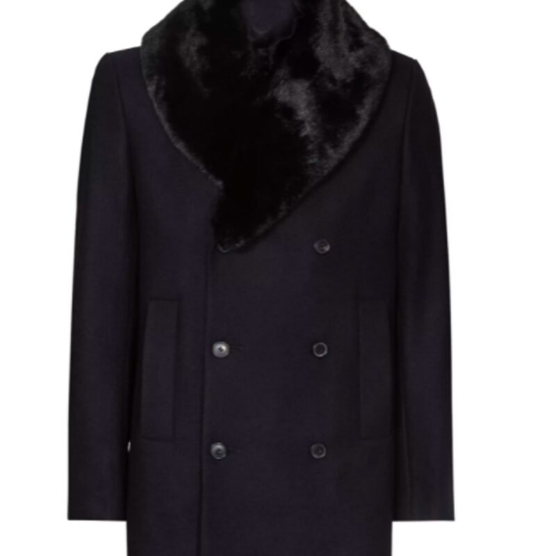 Men’s Navy Blue Wool Peacoat with Faux Fur Trimmed
