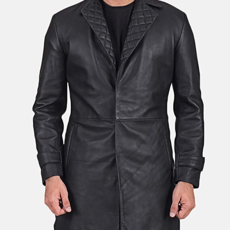 Men’s Infinity Notch Quilted Collar Black Leather Coat
